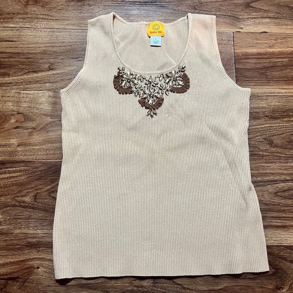 Ruby RD Ribbed Sleeveless Tank Top Embellished Neckline Shirt Brown Womens Large